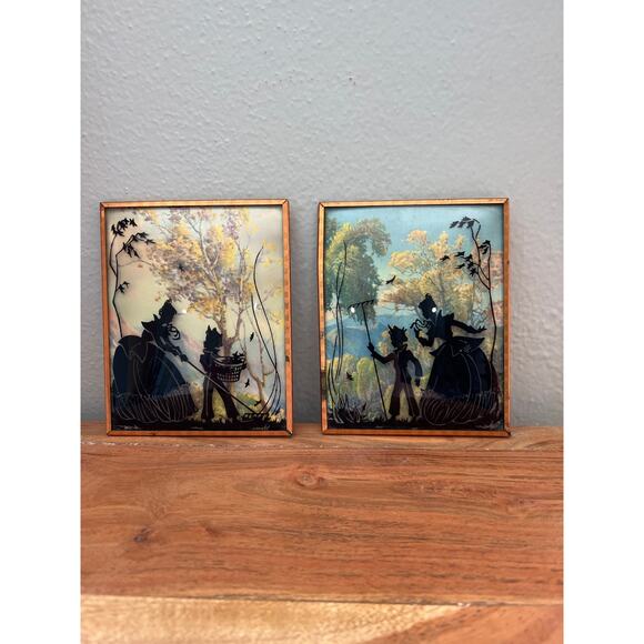 Vintage Reverse Painted Convex Glass Silhouette Pictures Parent Child set of 2 - Picture 1 of 6